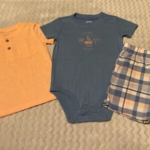 Carter's Blue Onesie and Orange Shirt with Plaid Shorts